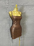 Women Sexy Metallic Gold Silver Bronze Bodycon Dress with Thin Straps and Drawstring Hem Evening Event Women Clubwear Outfit