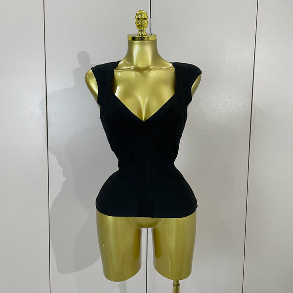 Elegant Black Solid-color Evening Birthday Party Club Gown Stage Outfit Sexy Sleeveless Deep V-neck Bodycon Bandage Vest Top