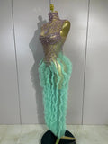 Women Sparkly Rhinestone Eveing Birthday Party Nightclub Bar Stage Costume Sexy Sleeveless Mesh Ruffled See Through Long Dress