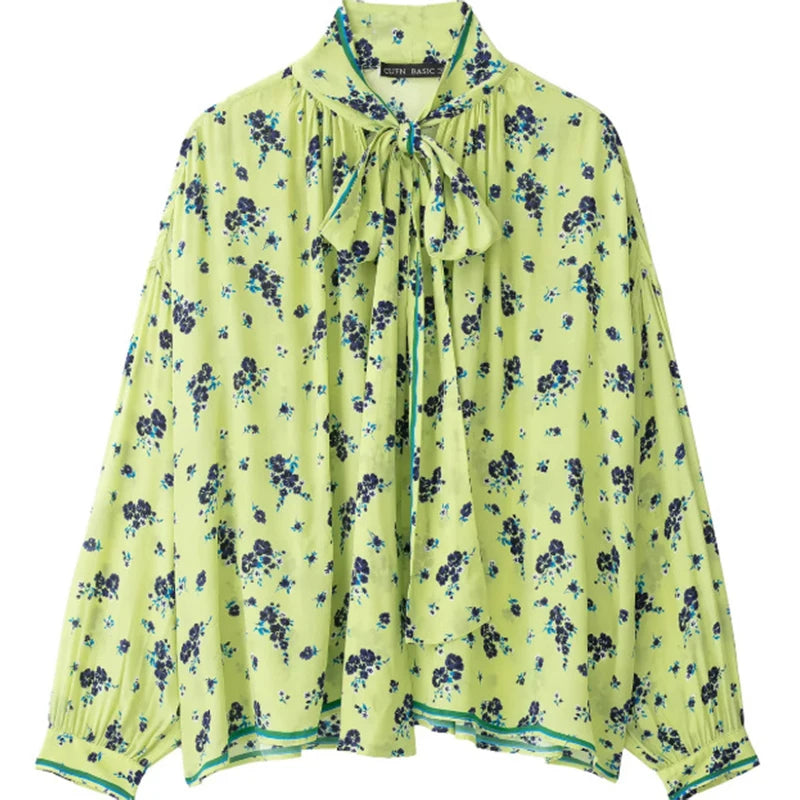 Bow Tie Neck Women Floral Print Set Long Puff Sleeve Cuff Trim Loose Blouse Vibrant Ethnic Midi Skirt Straight Hem Street Daily