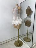Women Sexy Halter Beading Feather Tight Bodysuit Nightclub Performance Leotard Luxury Party Celebrate Stage Wear