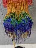 Sexy Rainbow Gradient Fringe Halter Bodysuit Rhinestone Choker Women Stage Performance Carnival Party Outfit