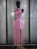Pink Skyblue Women Sexy O-Neck Bodycon Bandage Long Tassels Gowns Dress Elegant Evening Party Birthday Homecoming Outfit