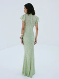 Elegant Lace Long Dress Women's Flying Sleeve Bodycon 2-piece Dress Evening Party Cocktail Female Winter Autumn