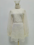 Lace Two Piece Set for Women High Neck Long Sleeve Top High Waist Bodycon Skirts Spring Suit Female New Style