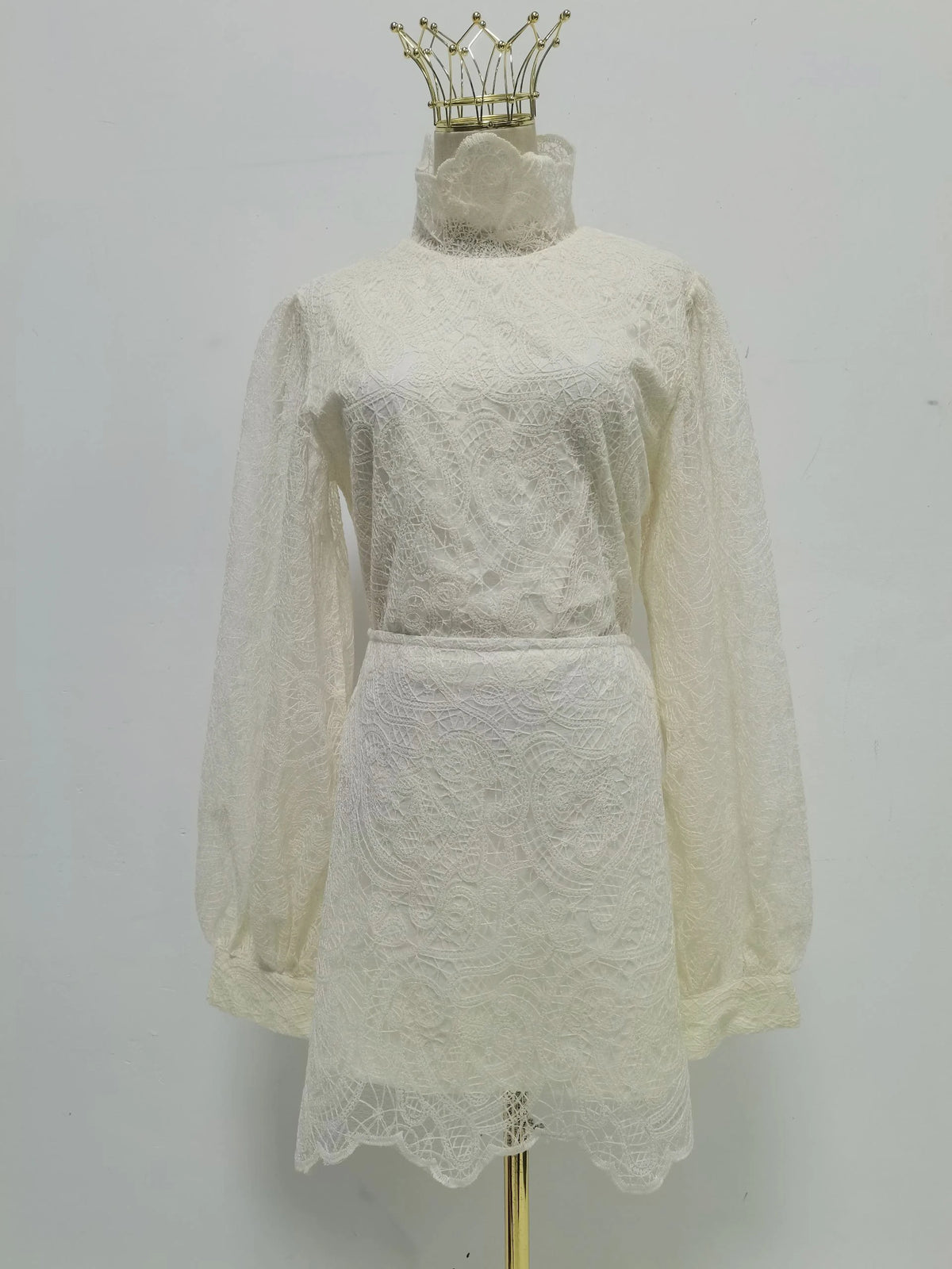 Lace Two Piece Set for Women High Neck Long Sleeve Top High Waist Bodycon Skirts Spring Suit Female New Style