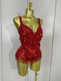 Luxury Sparkly Rhinestone Sequins Tassel Mesh Bodysuits Women Celebrate Eveing Birthday Party Nightclub Bar Dencer Stage Costume