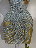 Sexy Strapless Mesh See Through Eveing Birthday Party Nightclub Stage Costume Women Sparkly Silver Rhinestone Sequins Mini Dress