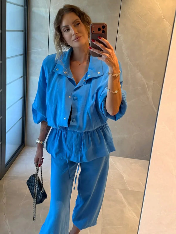 Fashion Blue Trousers Set Women Stand Collar Drawstring Waist Shoulder Pad Coat Cuffed Pants 2026 Autumn Casual Street Outfits