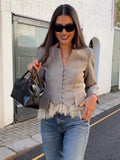 Fashion Lace Hem Peplum Suit Jacket Women V-neck Stand Collar Single Breasted Slim Fit Coat 2026 Vintage Office Casual Outerwear