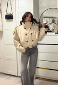 Women Stand Collar Double Breasted Cropped Trench Jacket Long Sleeve Button Cuff Loose Short Outerwear Fashion Street Daily Wear