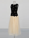 Hit Color Hollow Out Dresses for Women Round Neck Sleeveless High Waist Spliced Mesh Long Dress Female