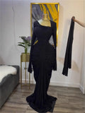 Classic Banquet Dress+Scarf Women Irregular Collar Flare Sleeve Elegant Pleat Patchwork Evening Stretch Slim Bodycon