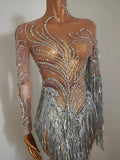 Sparkly Rhinestone Sequins Tassel Sexy Mesh See Through Dress Women Evening Birthday Party Nightclub Dance Singer Stage Outfit