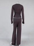 White Ribbed Knit Two Piece Set for Women Slim Button Accent Cardiagns Low Waist Loose Pant Suit for Casual Outings