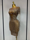 Luxury Sparkly Rhinestones Tassel Transparent Mesh Stretch Long Dress Women Evening Celebrate Birthday Dress Sexy Stage Costumes