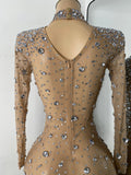 Sparkly Rhinestone Women Sexy Mesh See Through Floor Length Long Sleeve Birthday Dress Party Nightclub Stage Wear