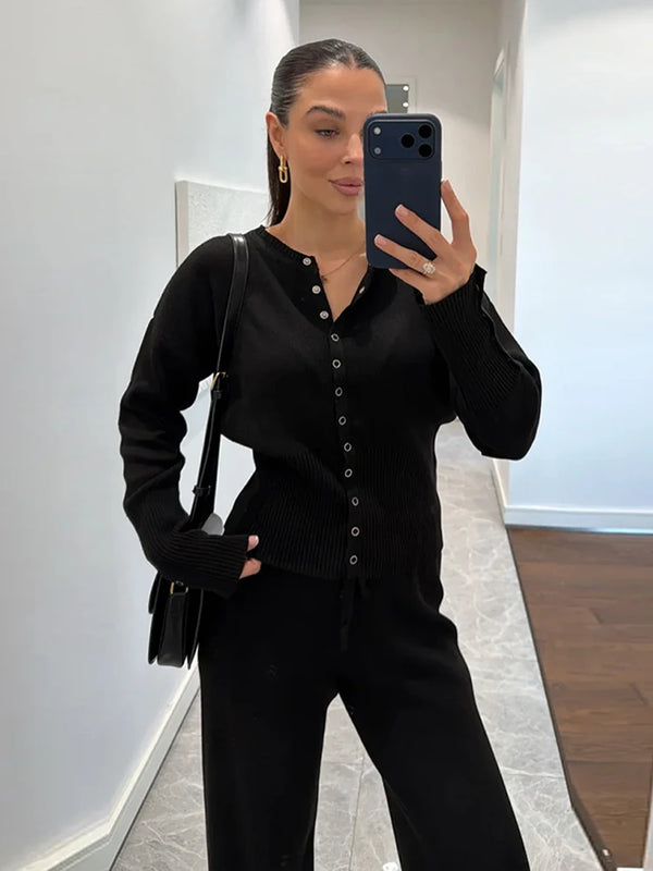 Women's Knitted Pants Two-piece Set Fashion Long Sleeve Single Breasted Sweater Wide-leg Pants Lady 2026 Spring Casual Outfits