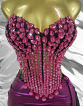 Rose Red Luxury Rhinestone Vest Top Skirt Set Fashion Party Valentine's Day Music Festival Stage Outfit Vestidos Elegantes Mujer