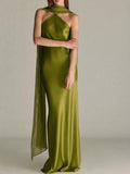 Elegant Satin Halter Floor length Dress for Women Draped Scarf Detail Sleeveless Fitted Column Mermaid Evening Party Gown