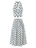 Beach Party Two Piece Set for Women Halter Neck Sleeveless Vest High Waist Polka Dot A Line Midi Skirt Suit Female