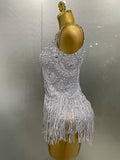 Sparkly Silver Rhinestones Pearl Tassels Bodysuit 2025 New Women Sexy Eveing Birthday Party Nightclub Stage Performance Costume