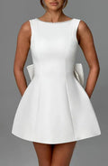 Chic Pearl Bow Short Dress for Women Backless Casual Mini Dresses White Black Pink Wedding Guest Summer Bridesmaid Robe Birthday