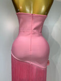 Women Sexy Strapless Pink Flower Tassel Bodycon Bandage Dress Elegant Evening Club Party Luxury Birthday Cocktail Prom Dress