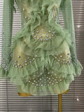 Sparkly Rhinestone Women Sexy Ruffled Long Sleeves Mesh See Through Mini Dress Eveing Party Birthday Dance Nightclub Stage Wear