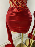Sparkly Red Diamonds Asymmetrical Two Pieces Dress Design 2025 Women Sexy Strapless Top Skirt Suits Dance Performance Outfit