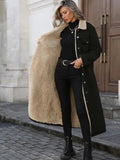 Women Denim Coat Long Loose Fleece Lined Turndown Collar Pocket Vintage Outerwear Autumn Winter