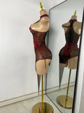 Sparkly Rhinestone Shining Women Sexy Bodycon See Through Irregular Hem Mini Dress Birthday Party Performance Costume