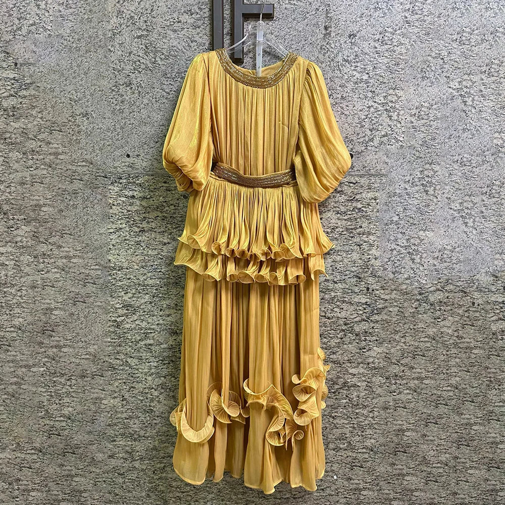 Elegant Chiffon Layered Ruffles Design Dress for Women Short Sleeves Waist Belt Spliced Diamonds Accent for Afternoon Tea