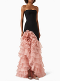 Women'S Sexy Strapless Bandage Slim Long Dress With Floral Decoration Layered Ruffle Edge Patchwork Dress Wedding Party