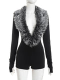 Luxury Fur Deep V Collar Romper Women Full Sleeve Sexy Skinny Fitness Activity Streetwear Hipster Workout Playsuit