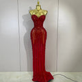 Luxury Sparkly Red Diamond Sexy Strapless Mesh See Through Long Dress Evening Party Birthday Nightclub PhotoShoot Stage Costumes