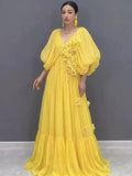 Women Maxi Dresses V Neck Lantern Sleeve 3D Flower Ruffle Hem Big Swing Elegant Vacation Summer
