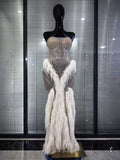 Women Sexy Strapless Sparkly Diamonds Tassel Mesh See Through Dress Celebrate Birthday Evening Party Nightclub Stage Costume