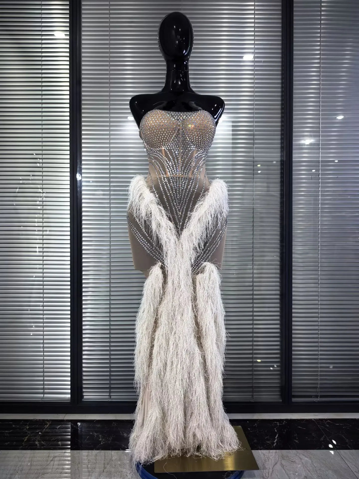 Women Sexy Strapless Sparkly Diamonds Tassel Mesh See Through Dress Celebrate Birthday Evening Party Nightclub Stage Costume