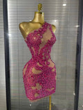 Shining Rosered Crystal Women Sexy One Shoulder Mesh See Through Bodycon Mini Dress Bar Singer Celebrate Performance Costumes