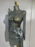 Women Sparkly Rhinestone Birthday Evening Party Nightclub Team Stage Show Costume Sexy Mesh See Through Long Sleeves Mini Dress