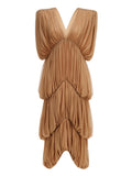 Sexy V Neck Tiered Folds Design Long Dress Women Sleeveless Multi-Layered Draped Temperament Dresses Evening Party Gowns