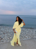 Chic Yellow Backless Lace Up Slit Dress Women Pleated Half Sleeved Waist Cinched Dresses Lady 2026 Spring New Evening Party Robe