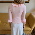Ruffled Knit Casual Pullover Women's Bow Lace Up V-Neck Solid Slim Commuter T-Shirt Summer New Female Party Vacation Top