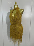 Shiny Rhinestone Tassel Gold Mini Dress Women Elegant Prom Gown Evening Party Sexy Nightclub Birthday Photoshoot Stage Costumes