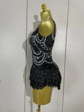 Sparkly Silver Rhinestones Pearl Tassels Bodysuit 2025 New Women Sexy Eveing Birthday Party Nightclub Stage Performance Costume