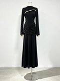 Slimming Spliced Folds Temperament Dresses for Women Round Neck Long Sleeves Patchwork Tassel Dress Female Clothing