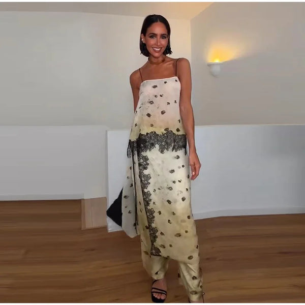 Vintage Women's Printed Lace Patchwork Sling Top Pants Set Sleeveless Square Collar Vest Straight Leg Pant 2026 Summer Chic Suit