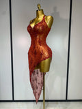 Sparkly Crystal Diamond Gold Sexy See-Through Sheath Dress Nightclub Performance Custome Stage Wear Birthday Evening Party Dress