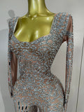 Sexy Perform Costume Sparkly Rhinestones Sequins Long Sleeves Print Jumpsuit Women Evening Party Birthday Nightclub Stage Wear